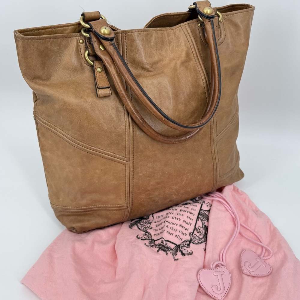 Juicy Couture Tan Leather Shoulder Tote with Pink Dust Bag Accents